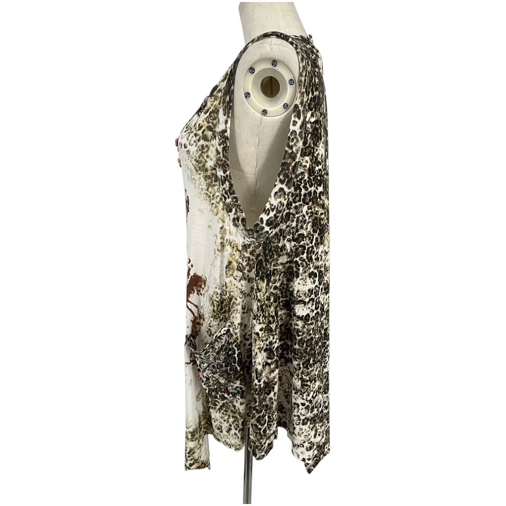 ALBERTO MAKALI Sleeveless V Neck Asymmetrical‎ Embellished Leopard Tunic Top XL - Picture 5 of 11